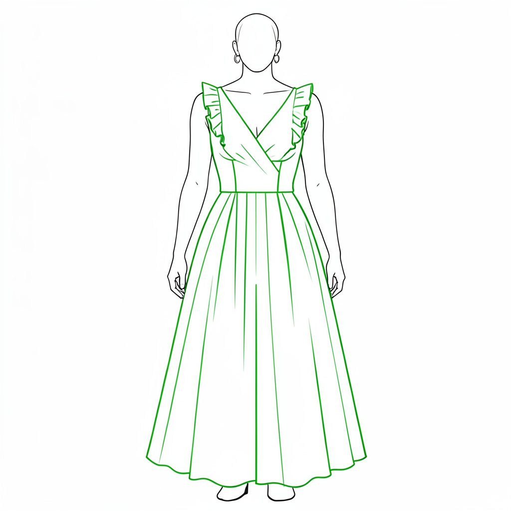 Boceto en líneas simples sobre fondo claro con acentos en verde salvia, evocando un look suave y femenino